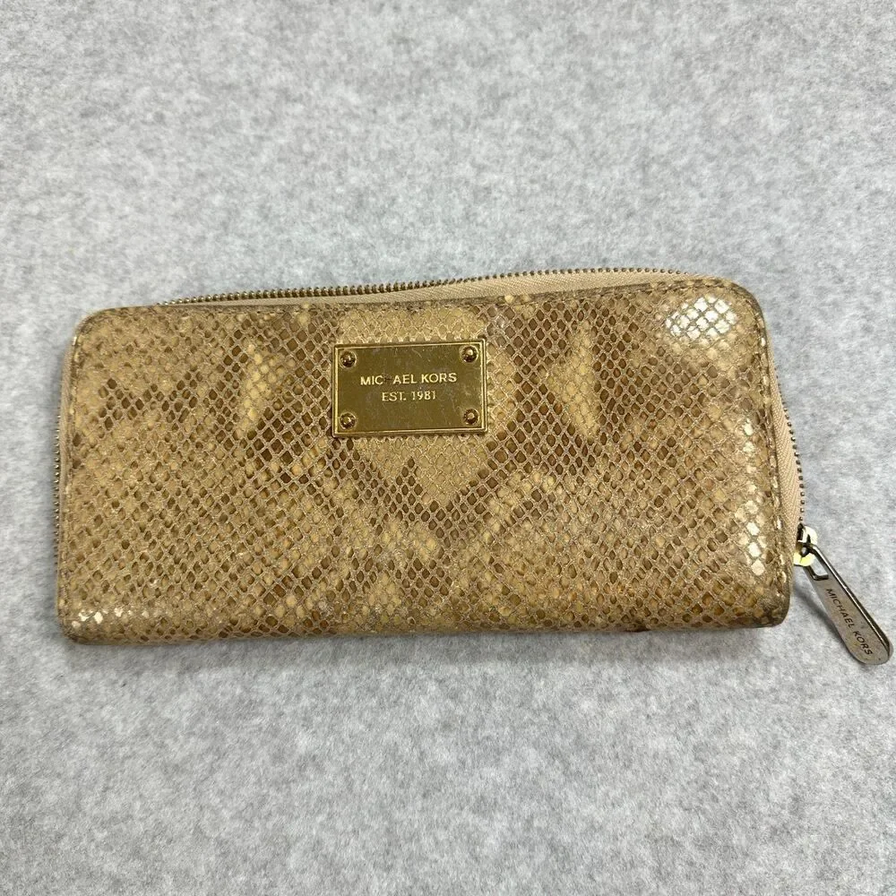 AUC Michael Kors Snake Skin Leather Zip Wallet Gold Tone Hardware Clutch MK